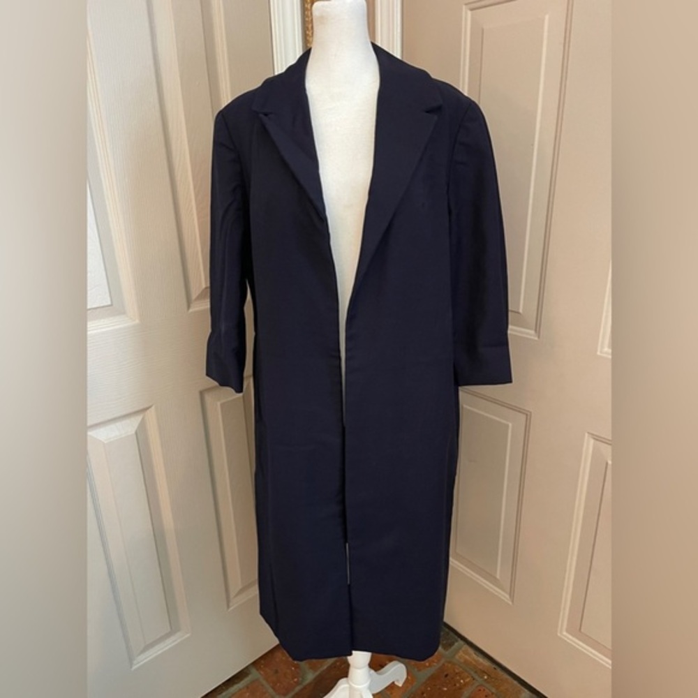 Vintage navy wool satin lined 3/4 sleeve 1950s open front custom made coat. M.